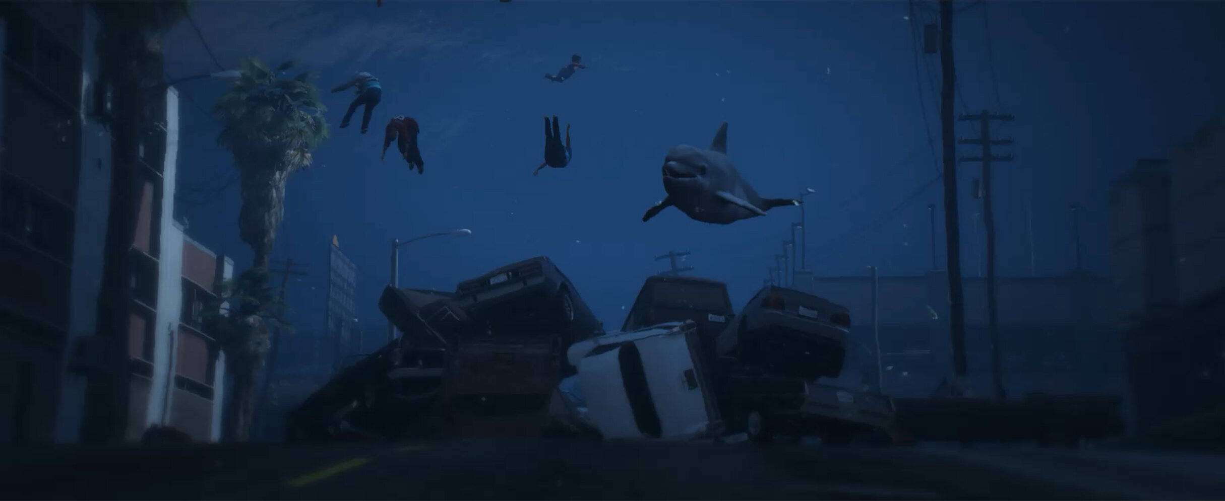 Digital gerenderte Menschen und ein Delphin schwimmen in einer überfluteten Welt über eine Straße