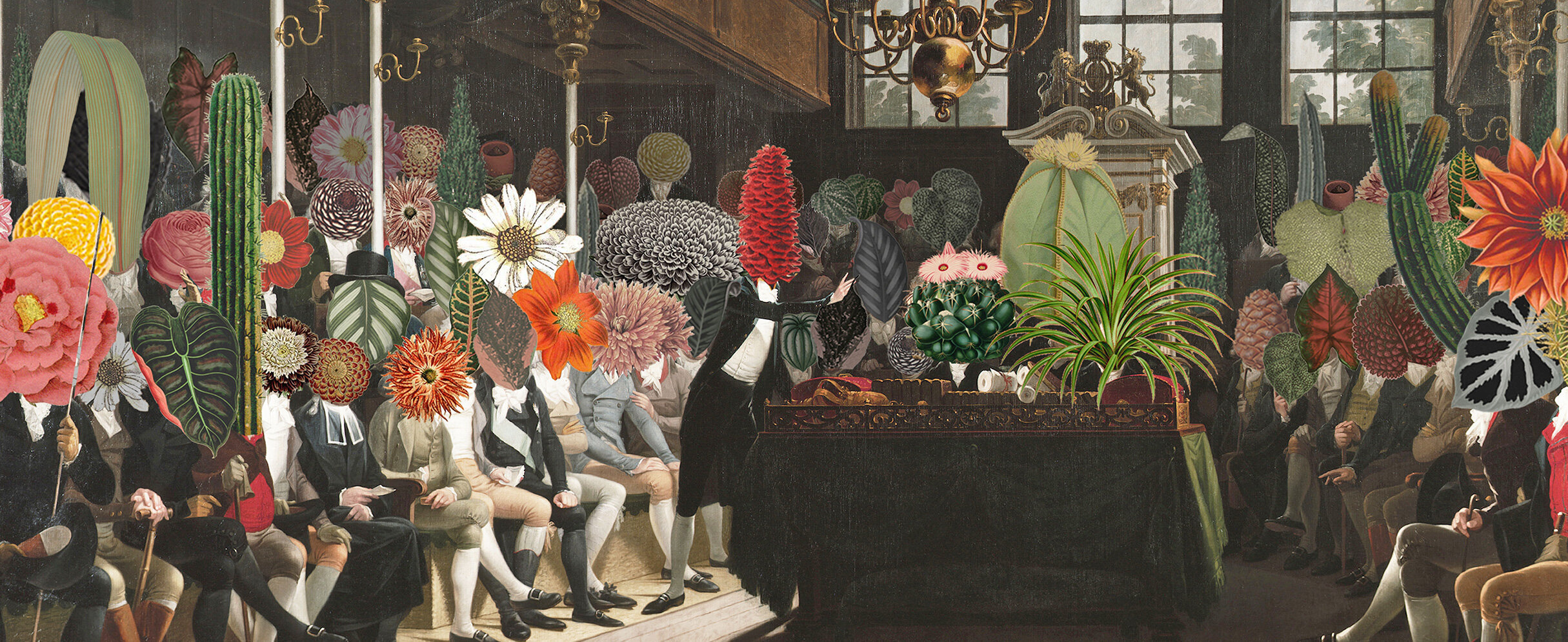 Illustration zeigt Menschen mit Blumenköpfen, die in einer Runde sitzen.