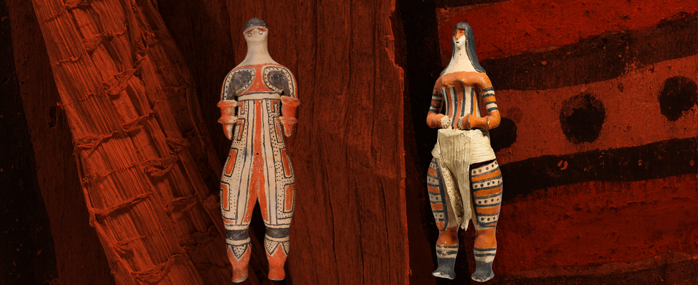 Fotomontage zeigt zwei bemalte, weibliche Tonfiguren aus dem Amazonasgebiet, Brasilien