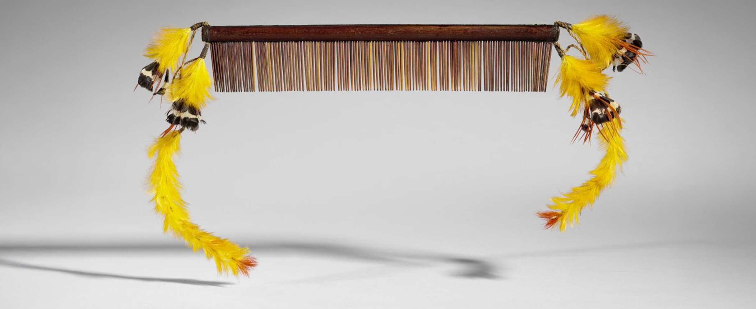 Foto zeigt einen Zierkamm mit gelben Federn des Volks der Ka’apor, Brasilien.