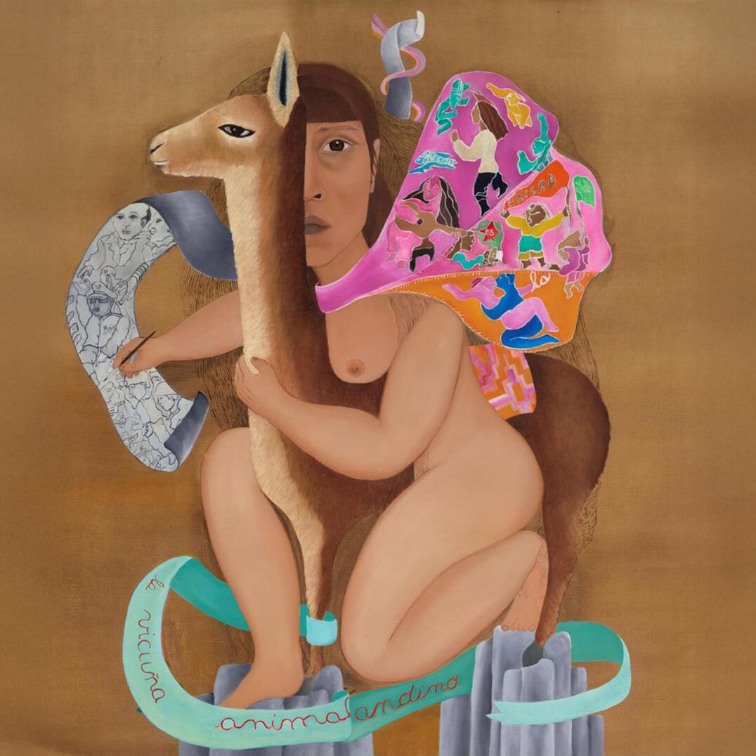 Die Vicuña, Gemälde einer Frau, die ein Lama umarmt, eher abstrakt und bunt