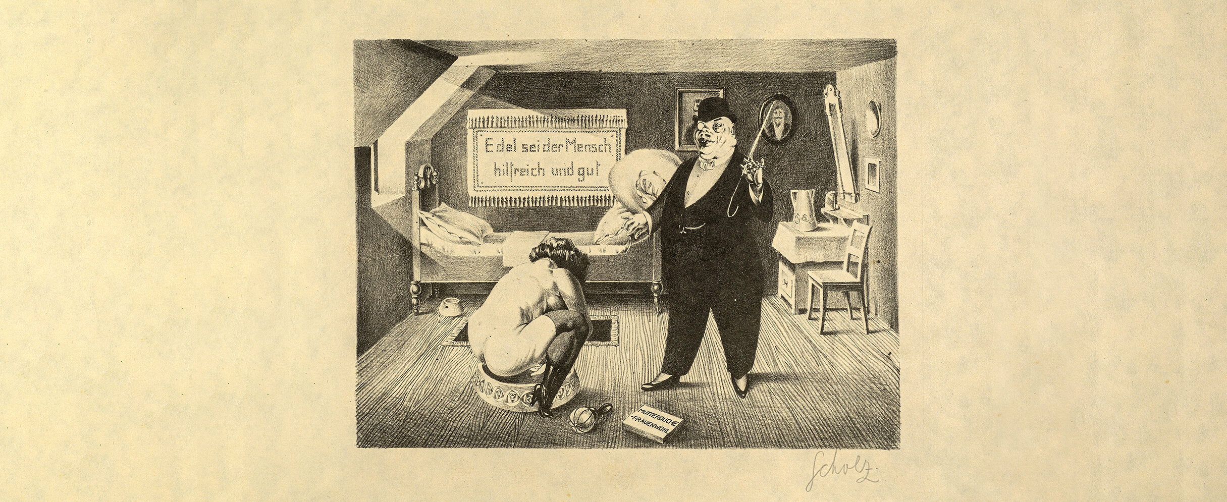 Illlustration von George Grosz Zeigt einen Freier der eine Prostituierte demütigend entlohnt.