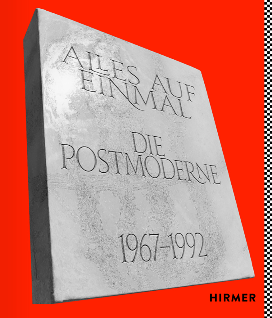 Cover des Katalogs zur Postmoderne-Ausstellung, Grabstein der Epoche vor rotem Hintergrund