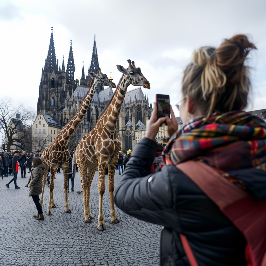 Bild zeigt durch KI erzeugte Fake-News: Person fotografiert Giraffen vor dem Kölner Dom.