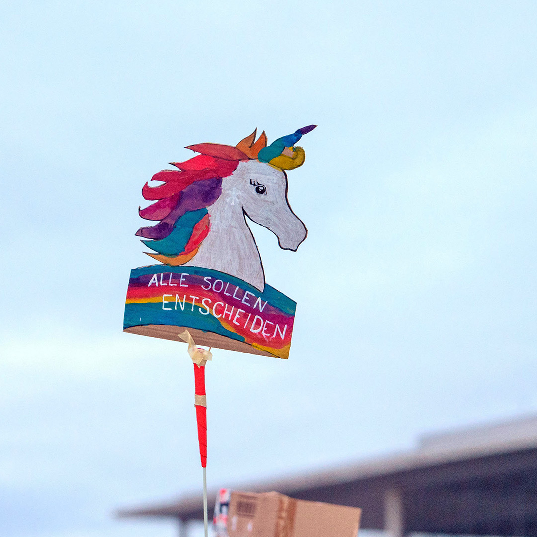Foto: Gebasteltes Einhorn als Demoschild für Fridays for Future-Demonstration gegen die AFD, Berlin 21. Januar 2024