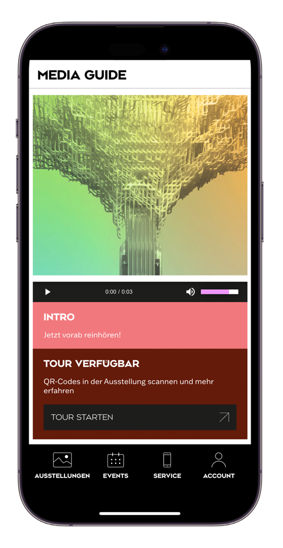 App der Bundeskunsthalle auf einem Smartphone zeigt den Media Guide zur Ausstellung.