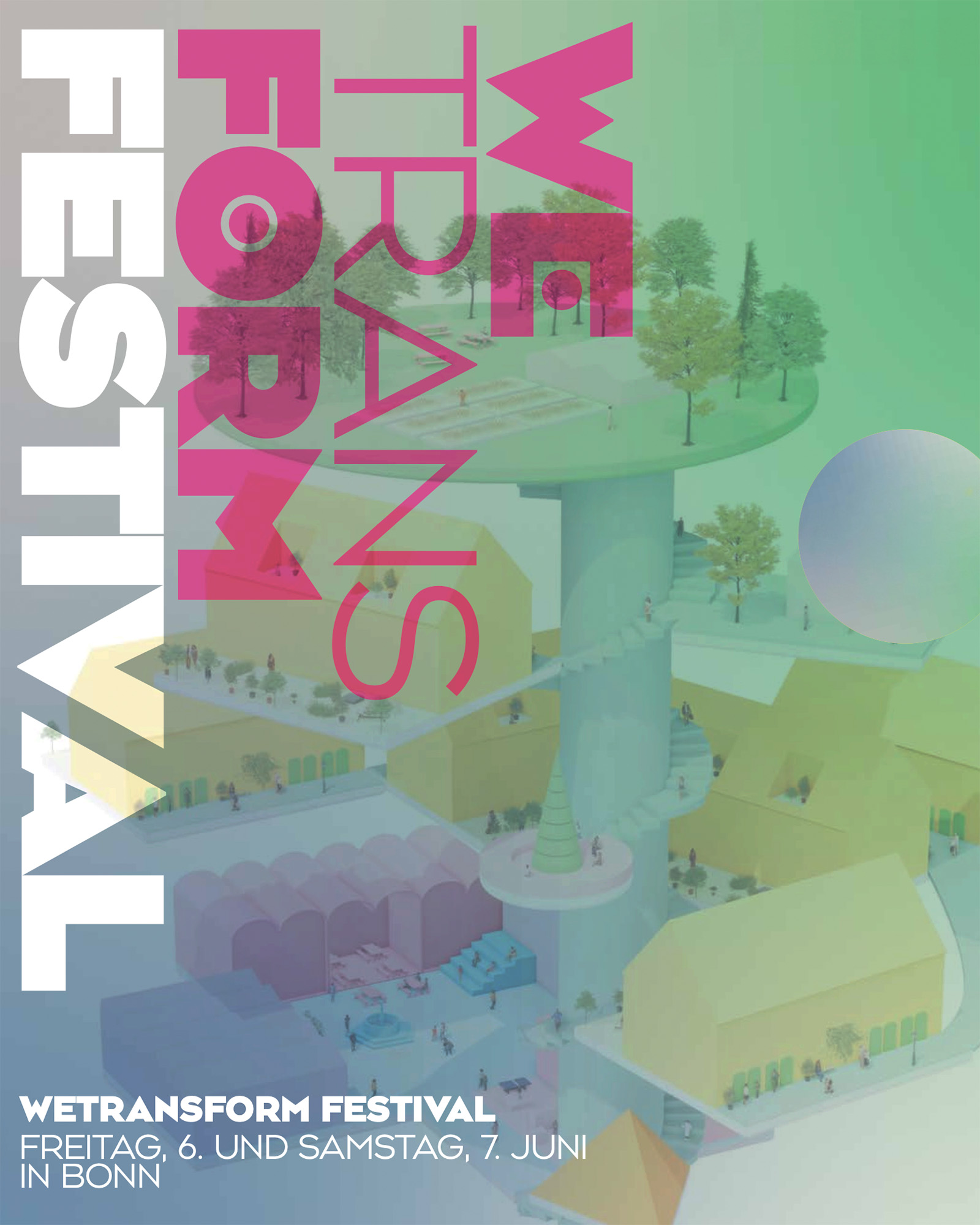 Grafik zeigt Architekturmodell verschiedener Gebäude. WEtransFORM Festival, 6. und 7. Juni