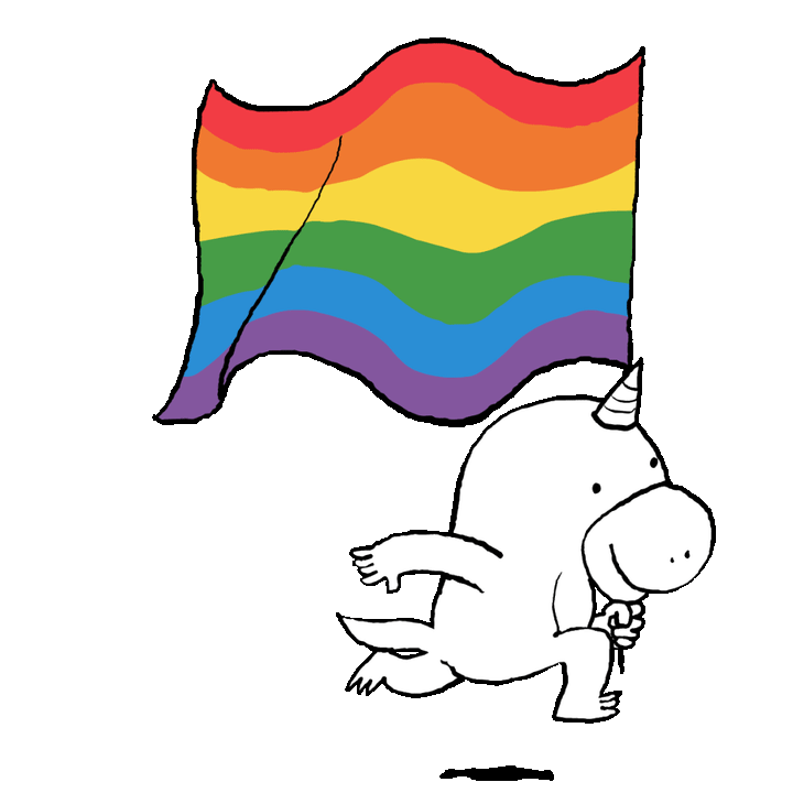 Animation. Bundi, das Wesen, läuft mit Regenbogenflagge.