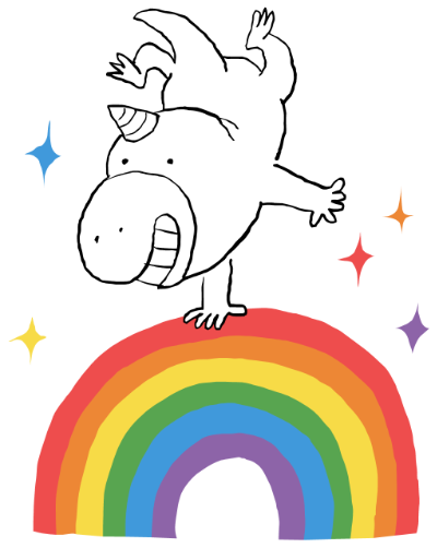 Illustration: Bundi, das Wesen, macht einen Handstand auf einem Regenbogen.